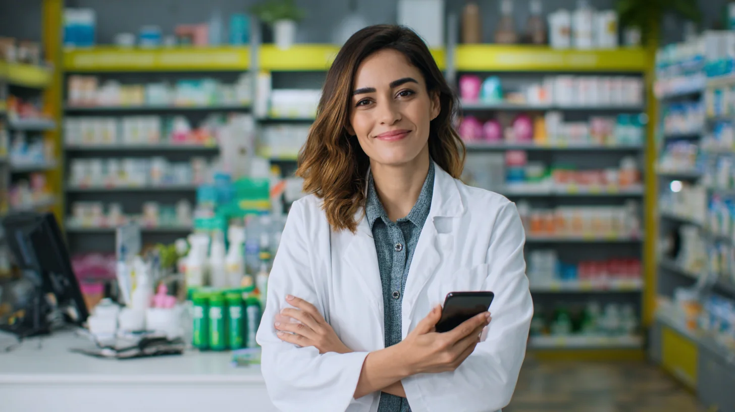 Farmacêutica em jaleco branco atrás do balcão da drogaria