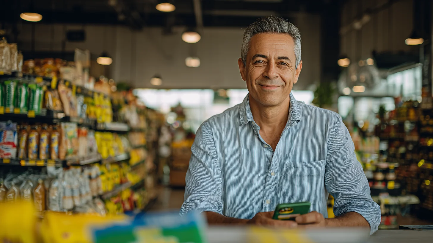 Lojista em um mercadinho com prateleiras cheias ao fundo