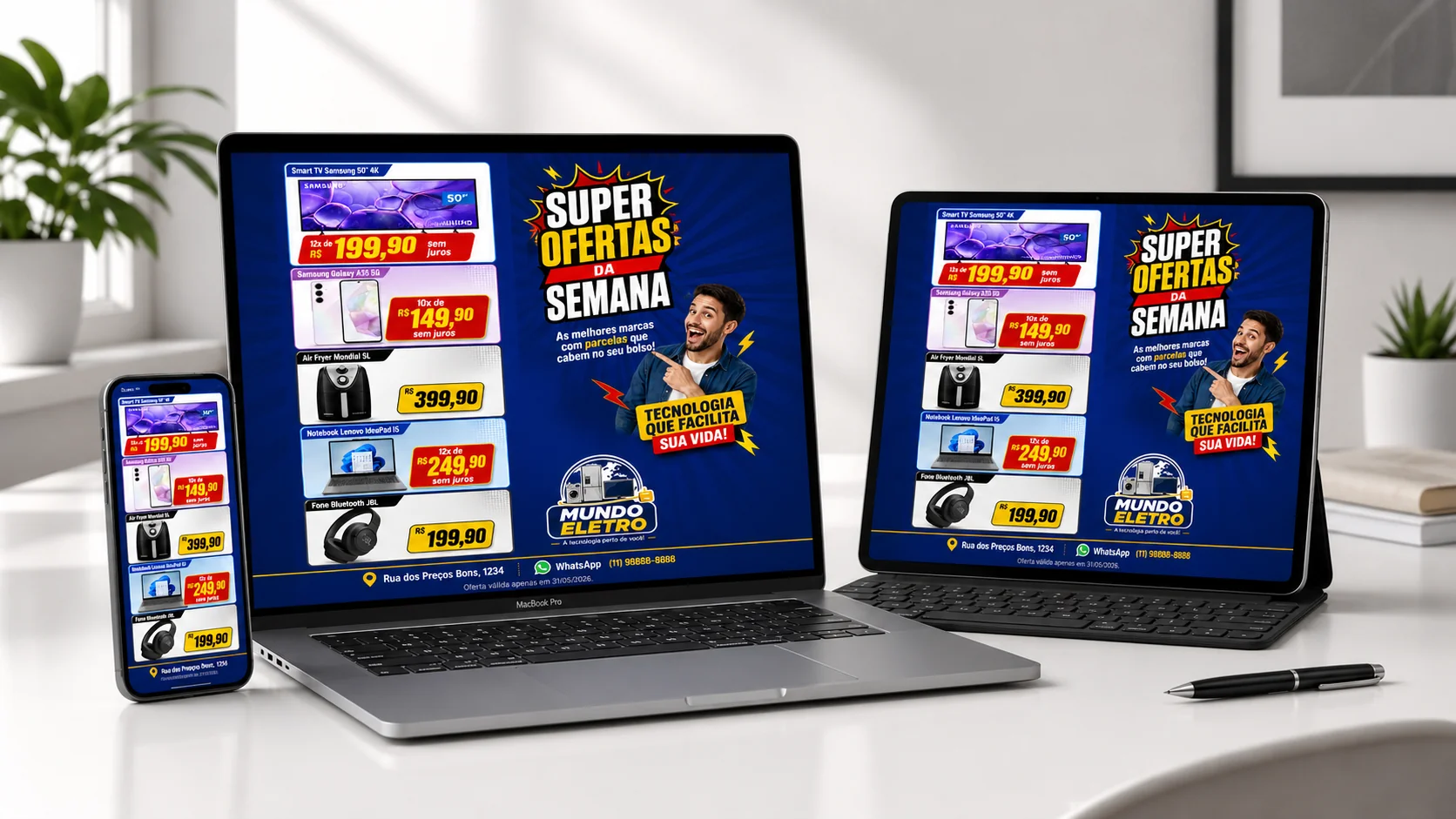 Tela do editor do Tabloide.pro mostrando um encarte aberto em celular, notebook e tablet